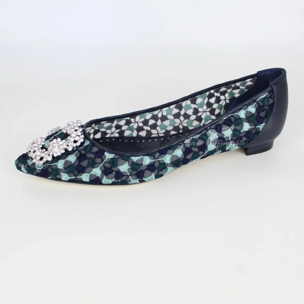 NEW Manolo Blahnik Hangisi Crystal Buckle Lace Flats YWOV EU 39
